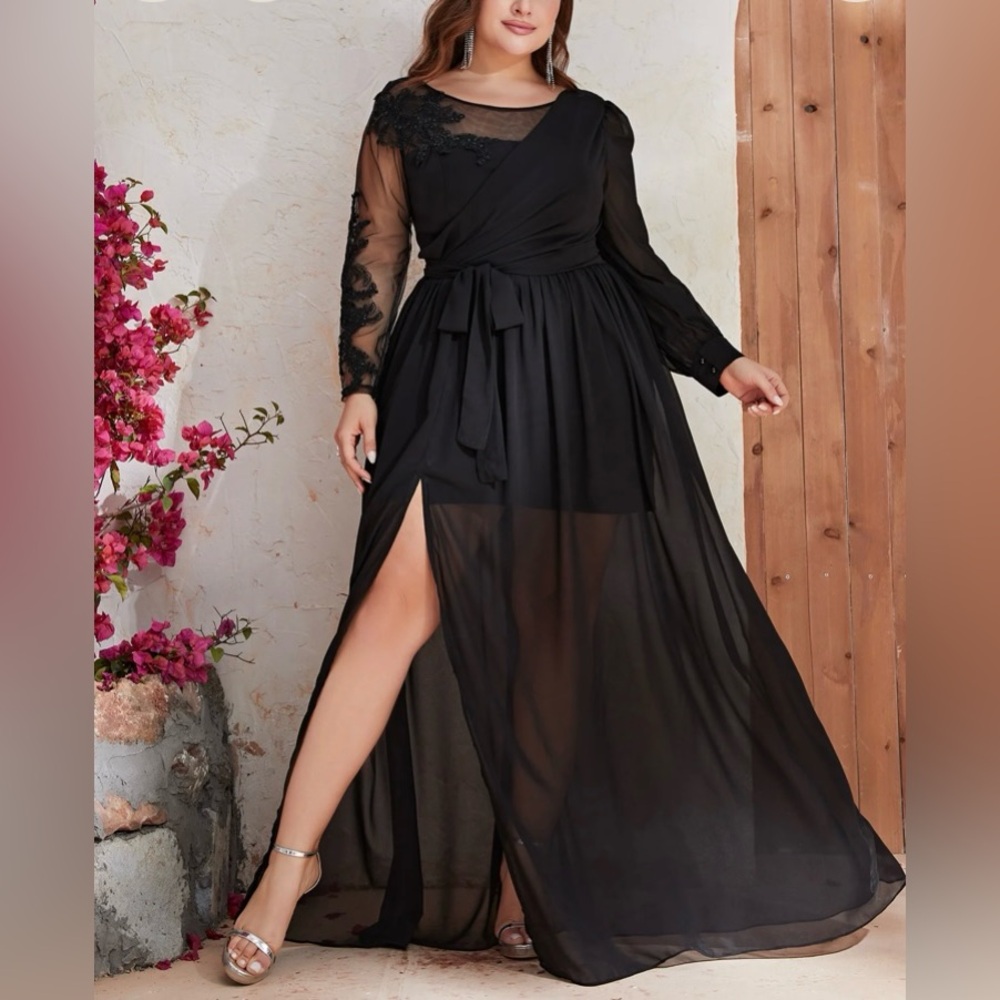 💫NWT Plus Appliques Mesh Shoulder Belted Split Thigh Chiffon Dress💫